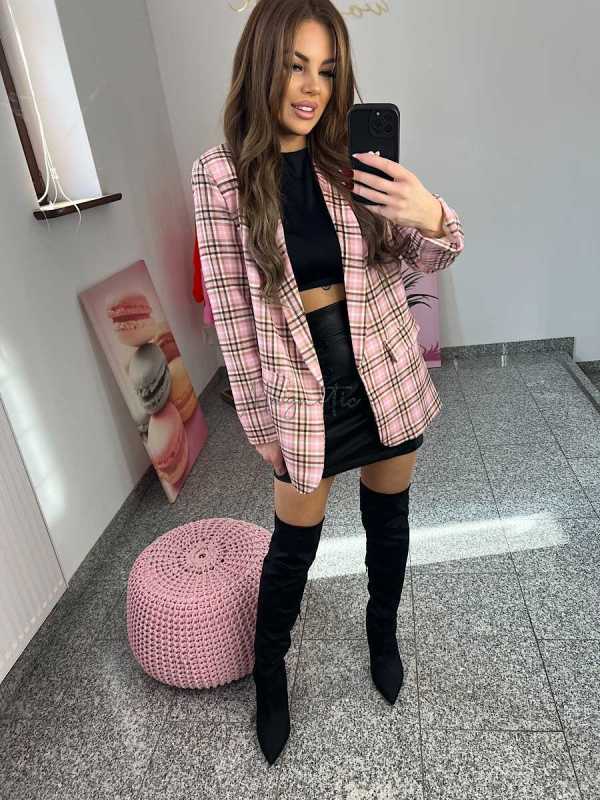 NB123 Elegancka Marynarka Damska Casual Różowa Kratka