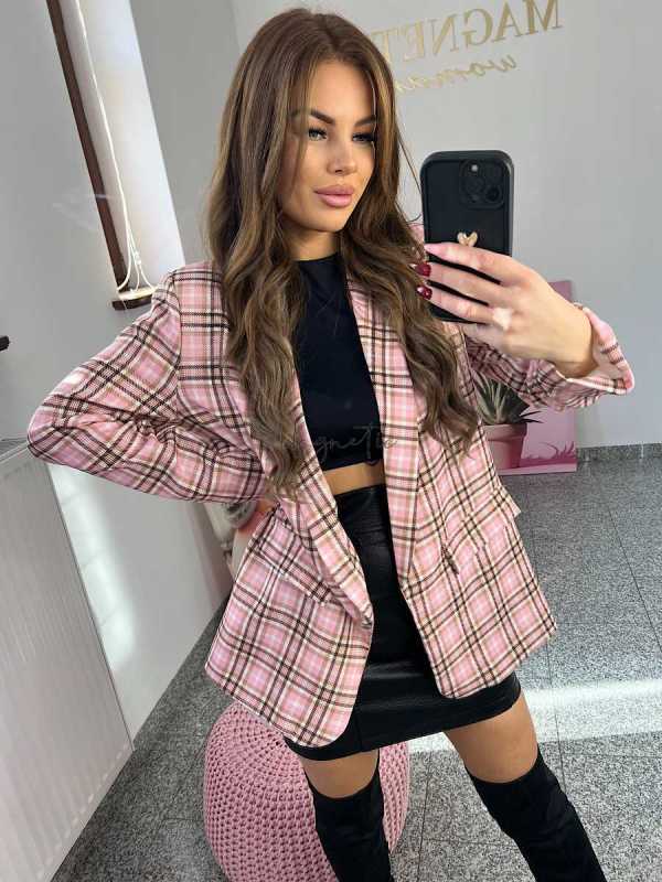 NB123 Elegancka Marynarka Damska Casual Różowa Kratka