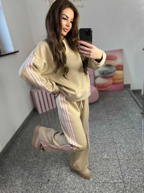 NB201 Komplet Dresowy Damski Masełkowy Szeroka Nogawka Paski Beżowy