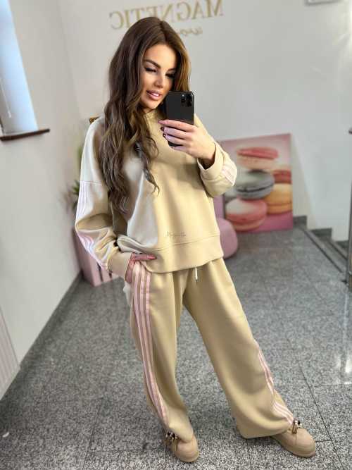 NB201 Komplet Dresowy Damski Masełkowy Szeroka Nogawka Paski Beżowy