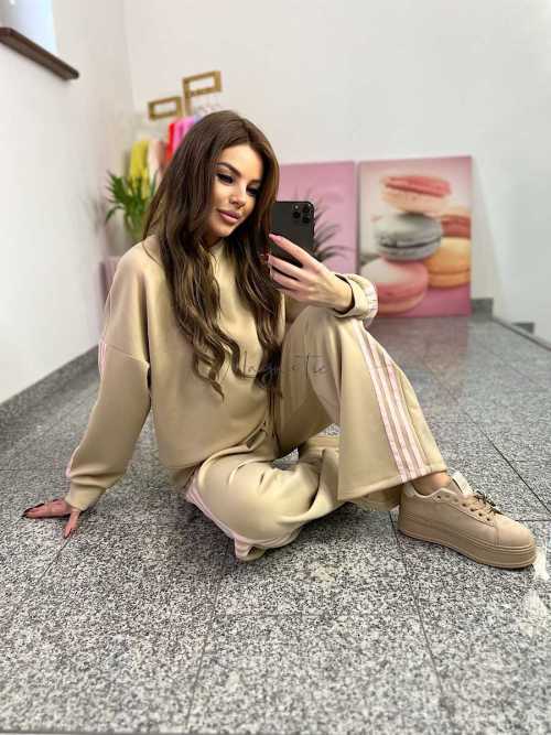NB201 Komplet Dresowy Damski Masełkowy Szeroka Nogawka Paski Beżowy