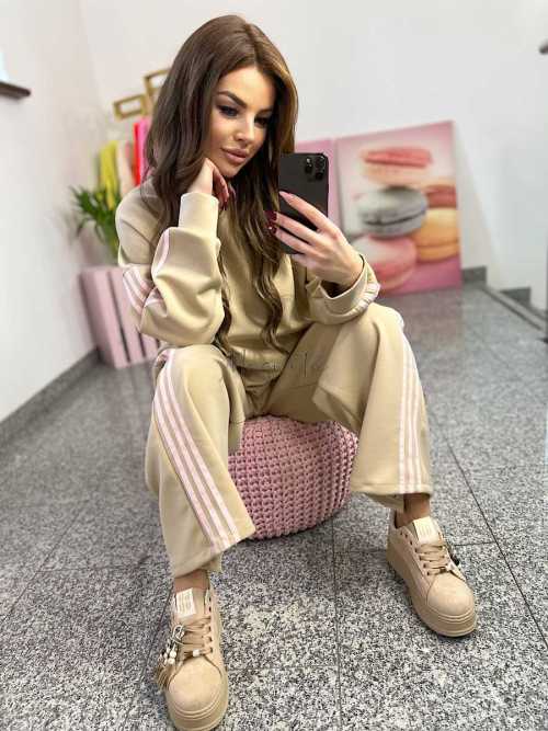NB201 Komplet Dresowy Damski Masełkowy Szeroka Nogawka Paski Beżowy