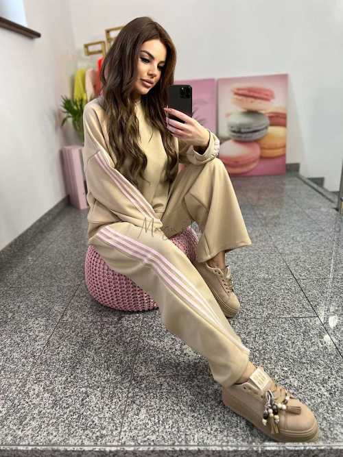 NB201 Komplet Dresowy Damski Masełkowy Szeroka Nogawka Paski Beżowy