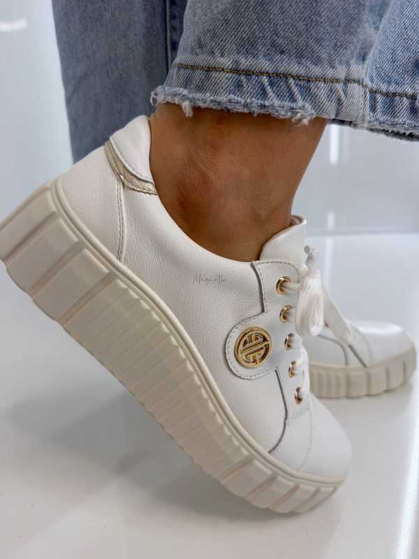 B159 Buty Sneakersy Damskie Premium Skóra Naturalna Białe na Platformie