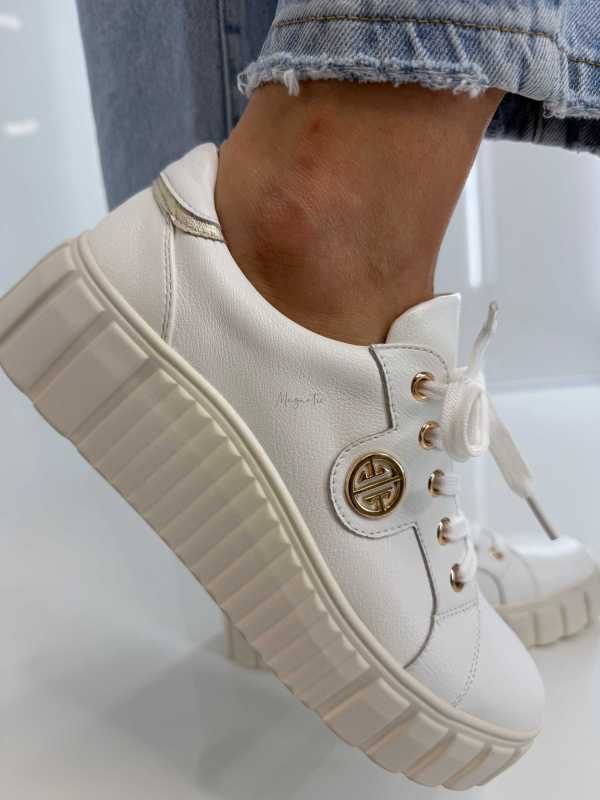 B159 Buty Sneakersy Damskie Premium Skóra Naturalna Białe na Platformie