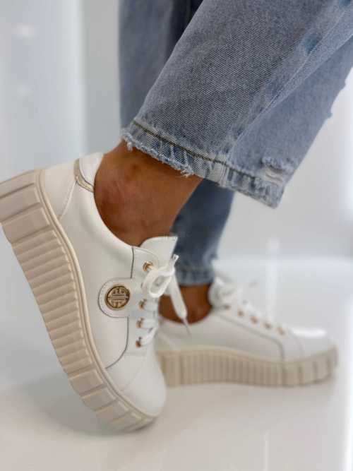 B159 Buty Sneakersy Damskie Premium Skóra Naturalna Białe na Platformie