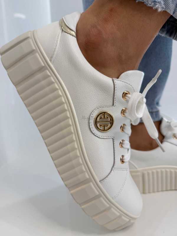 B159 Buty Sneakersy Damskie Premium Skóra Naturalna Białe na Platformie