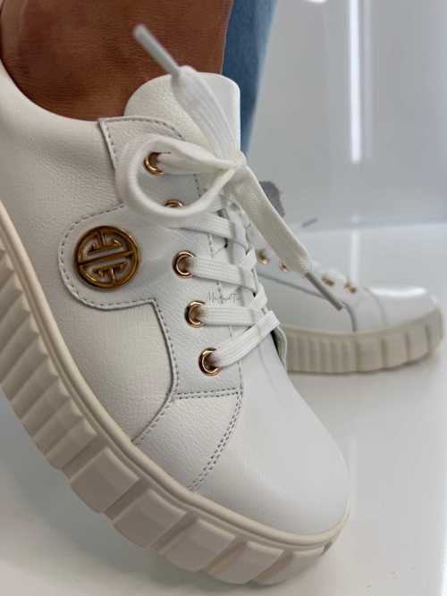B159 Buty Sneakersy Damskie Premium Skóra Naturalna Białe na Platformie