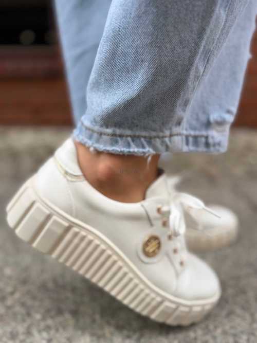 B159 Buty Sneakersy Damskie Premium Skóra Naturalna Białe na Platformie