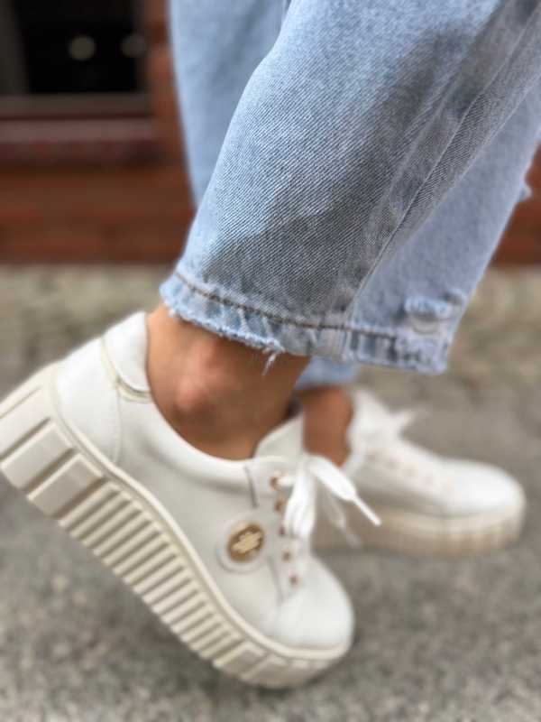 B159 Buty Sneakersy Damskie Premium Skóra Naturalna Białe na Platformie