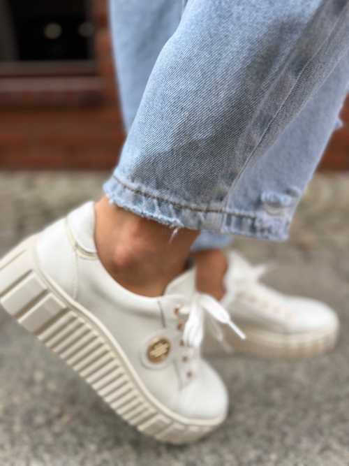 B159 Buty Sneakersy Damskie Premium Skóra Naturalna Białe na Platformie