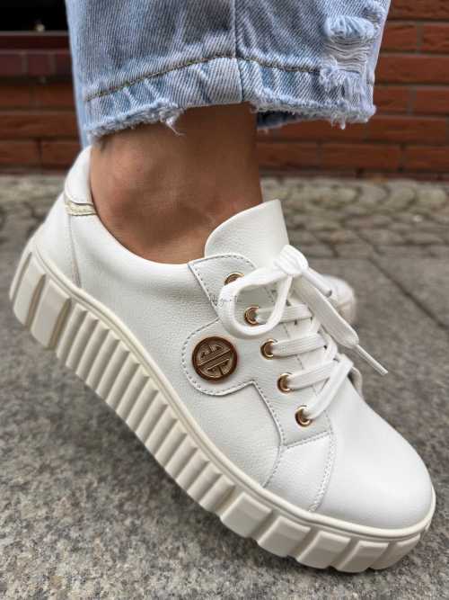 B159 Buty Sneakersy Damskie Premium Skóra Naturalna Białe na Platformie
