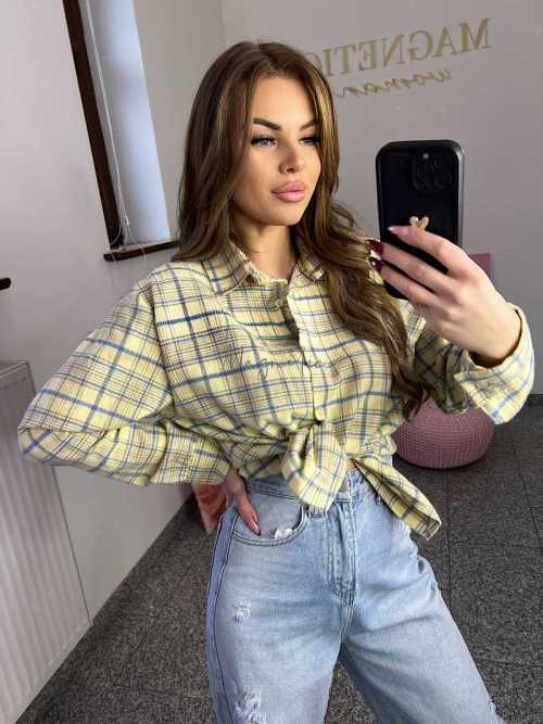 NB217 Koszula Damska Bawełna Flanelowa w Kratę Żółta