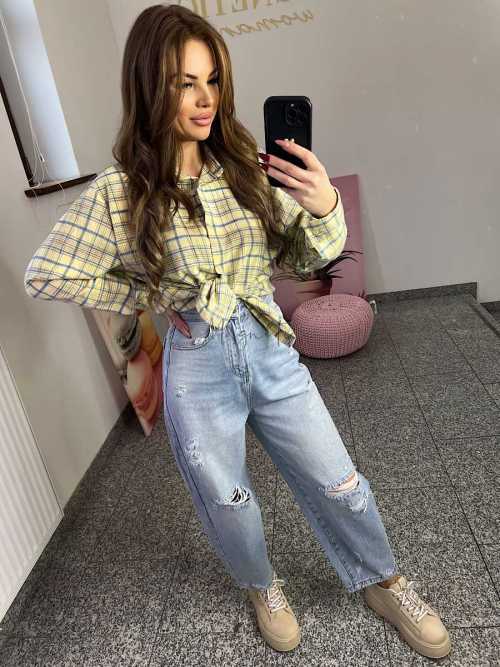 NB217 Koszula Damska Bawełna Flanelowa w Kratę Żółta