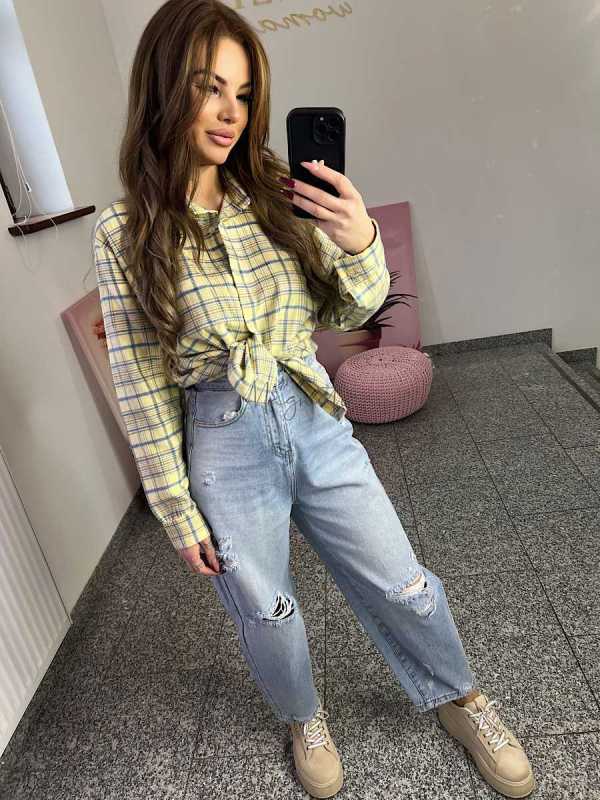 NB217 Koszula Damska Bawełna Flanelowa w Kratę Żółta