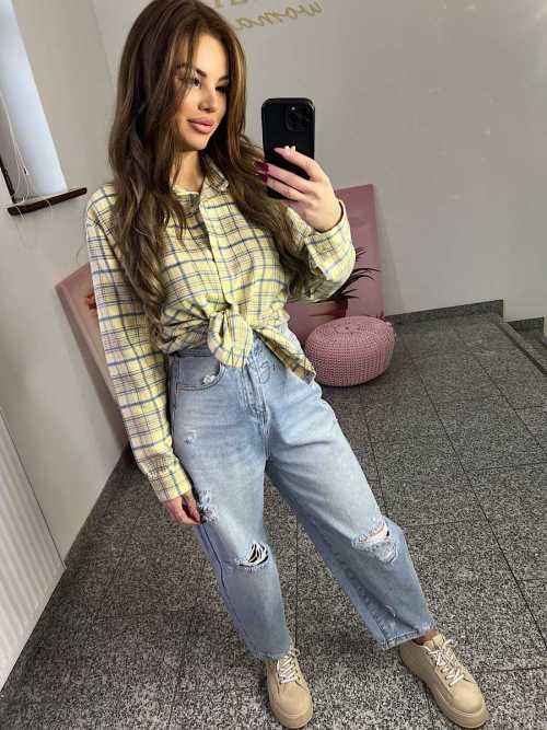 NB217 Koszula Damska Bawełna Flanelowa w Kratę Żółta