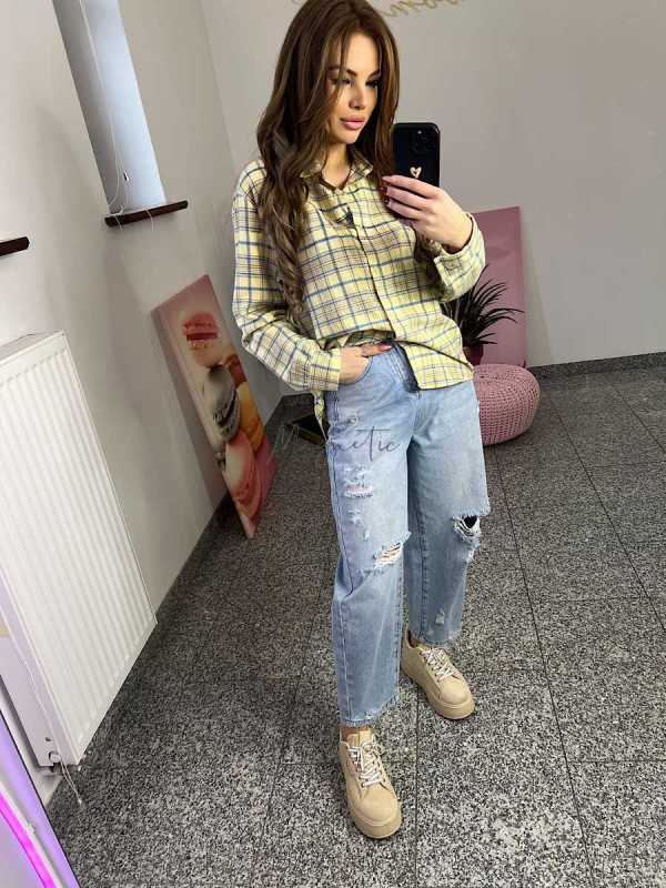 NB217 Koszula Damska Bawełna Flanelowa w Kratę Żółta