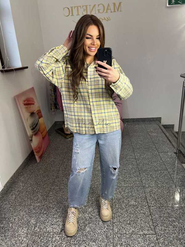 NB217 Koszula Damska Bawełna Flanelowa w Kratę Żółta