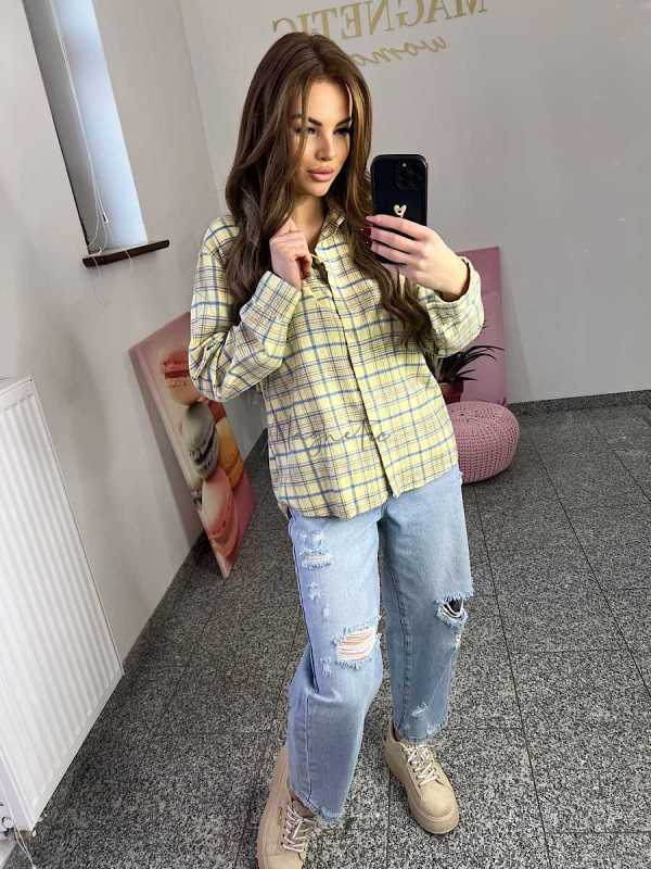 NB217 Koszula Damska Bawełna Flanelowa w Kratę Żółta