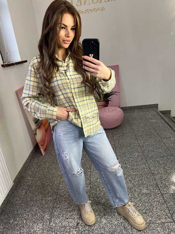 NB217 Koszula Damska Bawełna Flanelowa w Kratę Żółta