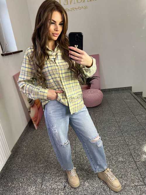 NB217 Koszula Damska Bawełna Flanelowa w Kratę Żółta