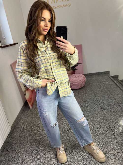 NB217 Koszula Damska Bawełna Flanelowa w Kratę Żółta