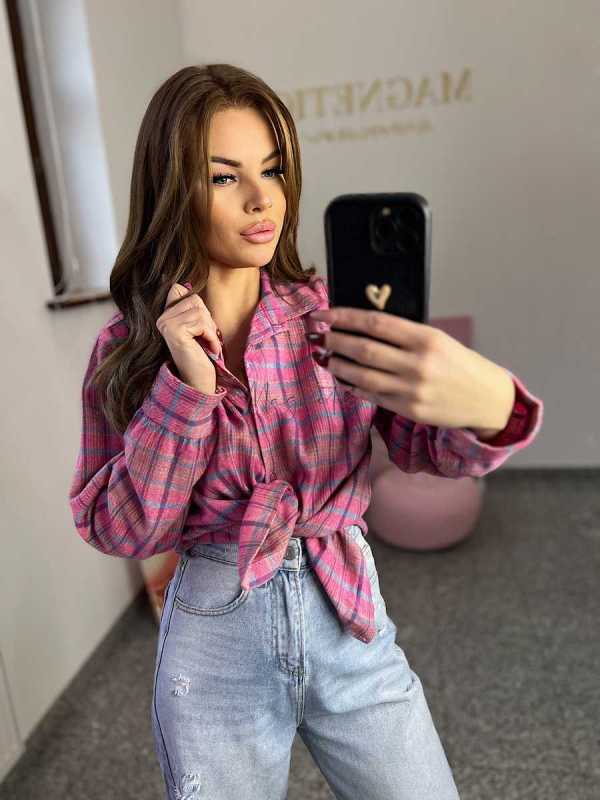 NB217 Koszula Damska Bawełna Flanelowa w Kratę Różowa