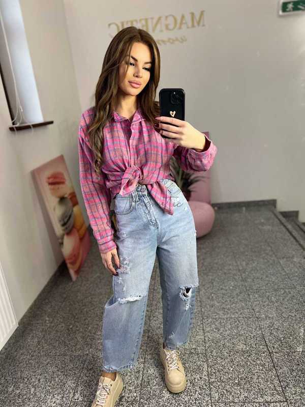 NB217 Koszula Damska Bawełna Flanelowa w Kratę Różowa