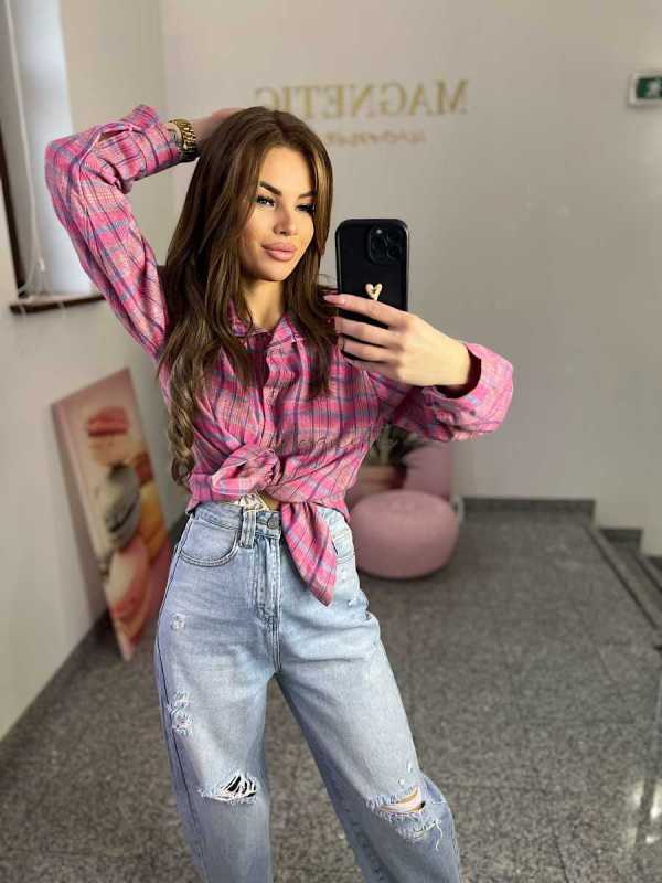 NB217 Koszula Damska Bawełna Flanelowa w Kratę Różowa