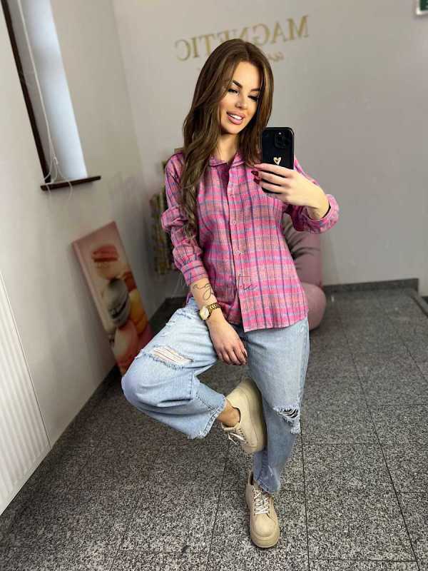 NB217 Koszula Damska Bawełna Flanelowa w Kratę Różowa