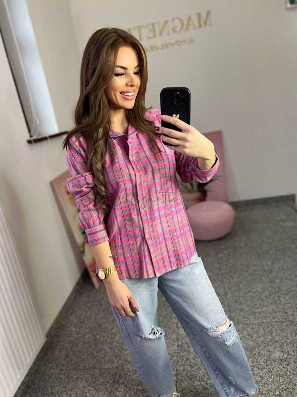 NB217 Koszula Damska Bawełna Flanelowa w Kratę Różowa