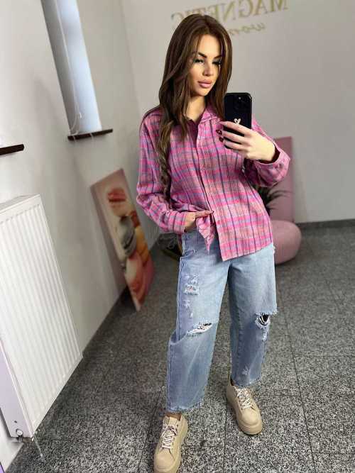 NB217 Koszula Damska Bawełna Flanelowa w Kratę Różowa