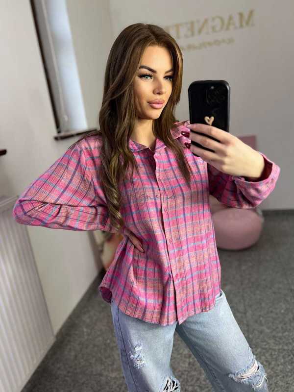 NB217 Koszula Damska Bawełna Flanelowa w Kratę Różowa
