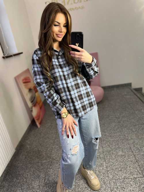 NB217 Koszula Damska Bawełna Flanelowa w Kratę Niebieska