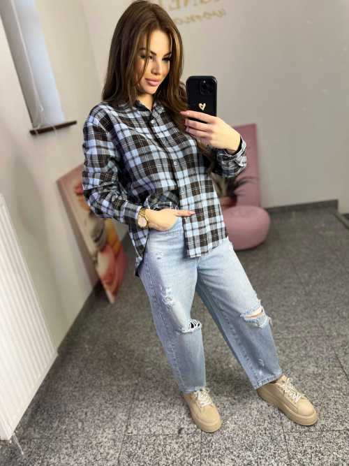 NB217 Koszula Damska Bawełna Flanelowa w Kratę Niebieska