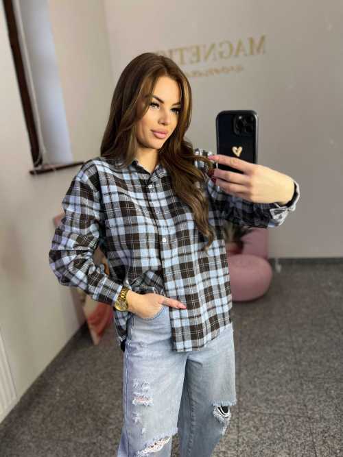 NB217 Koszula Damska Bawełna Flanelowa w Kratę Niebieska