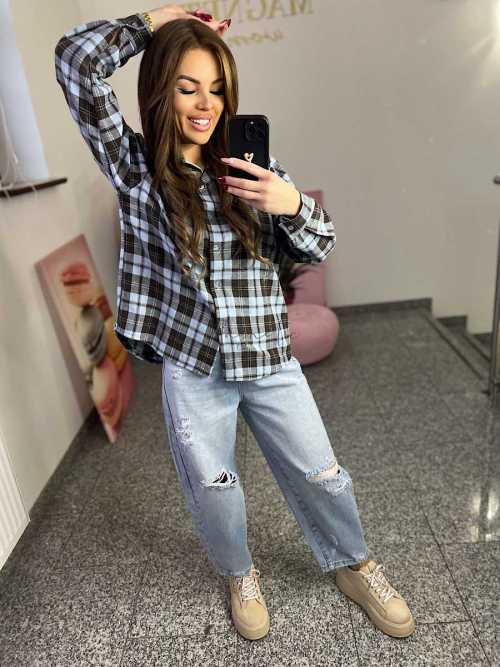 NB217 Koszula Damska Bawełna Flanelowa w Kratę Niebieska