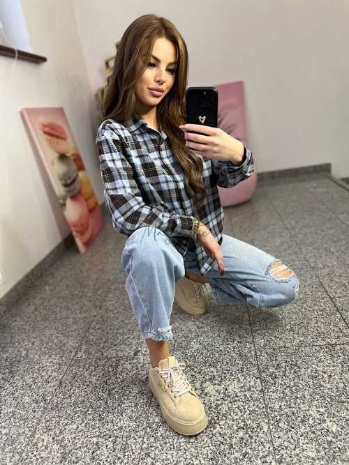 NB217 Koszula Damska Bawełna Flanelowa w Kratę Niebieska