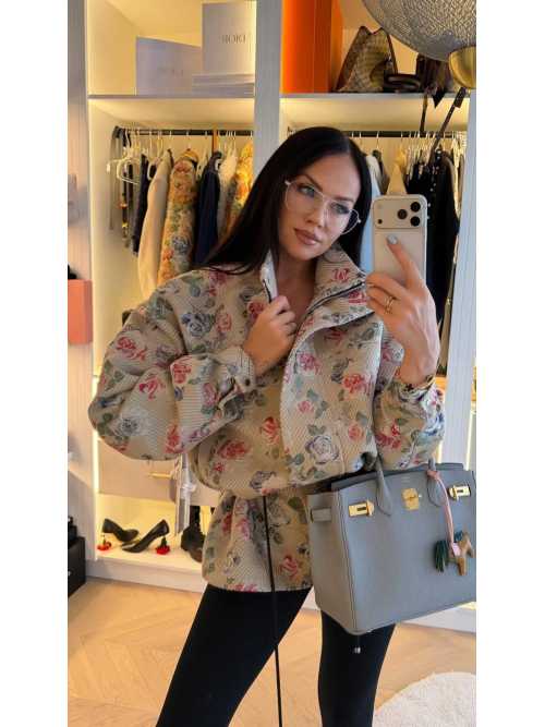 LM261 Marynarka Żakardowa Premium Kurtka Parka Flowers LA MILLA