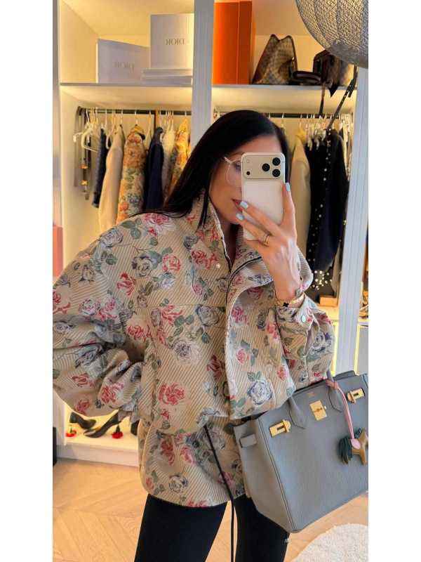 LM261 Marynarka Żakardowa Premium Kurtka Parka Flowers LA MILLA