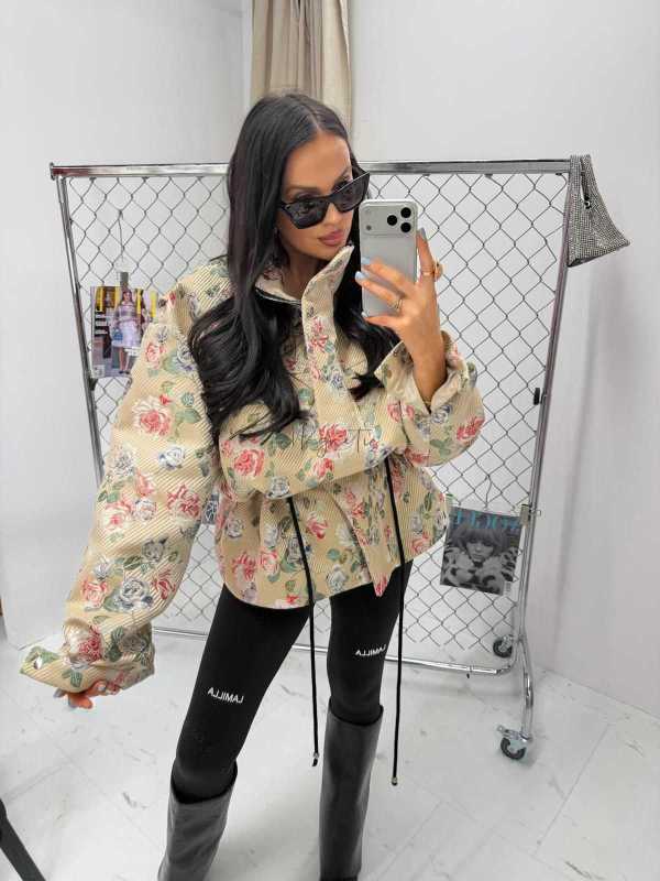 LM261 Marynarka Żakardowa Premium Kurtka Parka Flowers LA MILLA