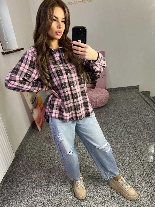 NB217 Koszula Damska Bawełna Flanelowa w Kratę Różowo-Brązowa