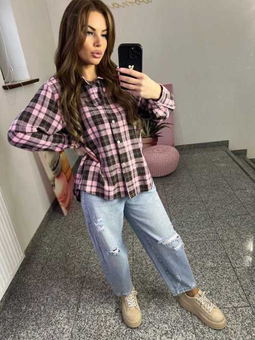 NB217 Koszula Damska Bawełna Flanelowa w Kratę Różowo-Brązowa