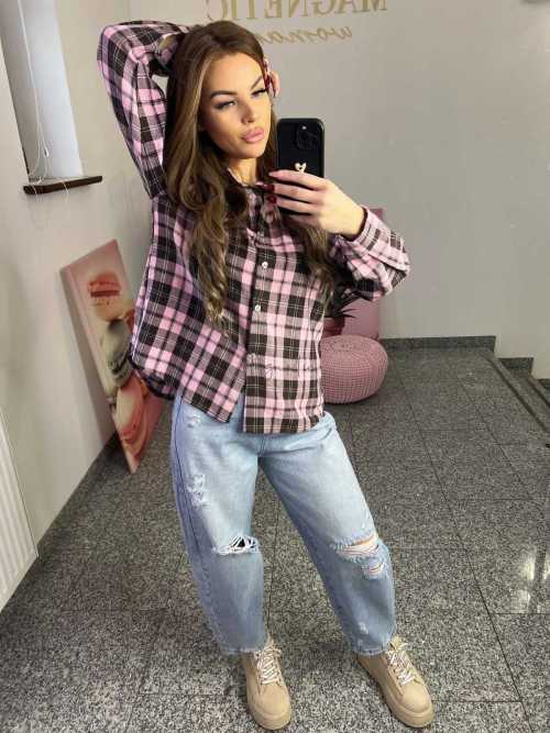 NB217 Koszula Damska Bawełna Flanelowa w Kratę Różowo-Brązowa