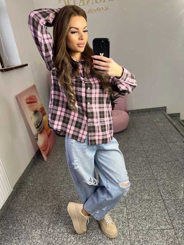 NB217 Koszula Damska Bawełna Flanelowa w Kratę Różowo-Brązowa