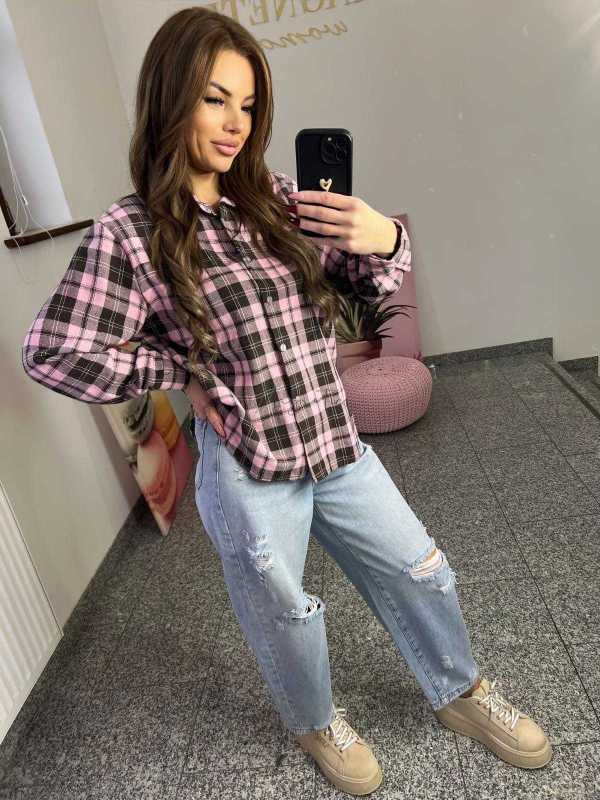 NB217 Koszula Damska Bawełna Flanelowa w Kratę Różowo-Brązowa