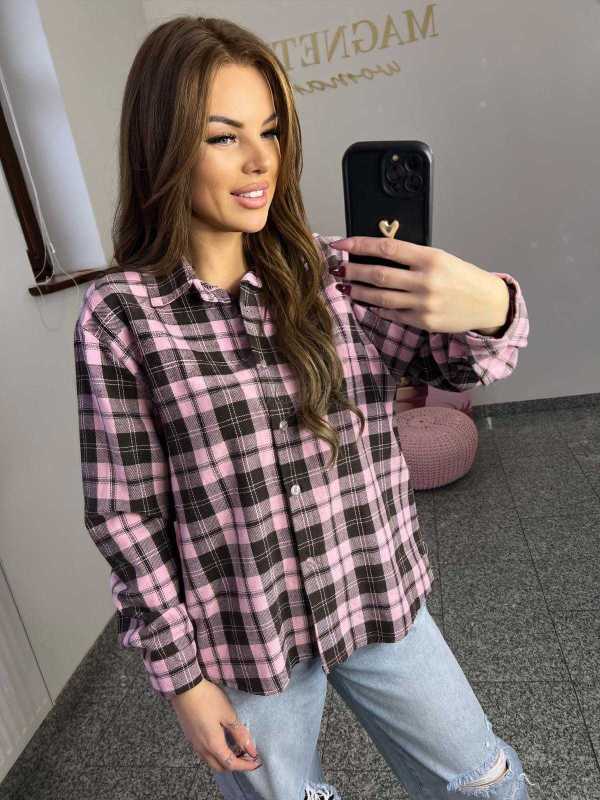 NB217 Koszula Damska Bawełna Flanelowa w Kratę Różowo-Brązowa