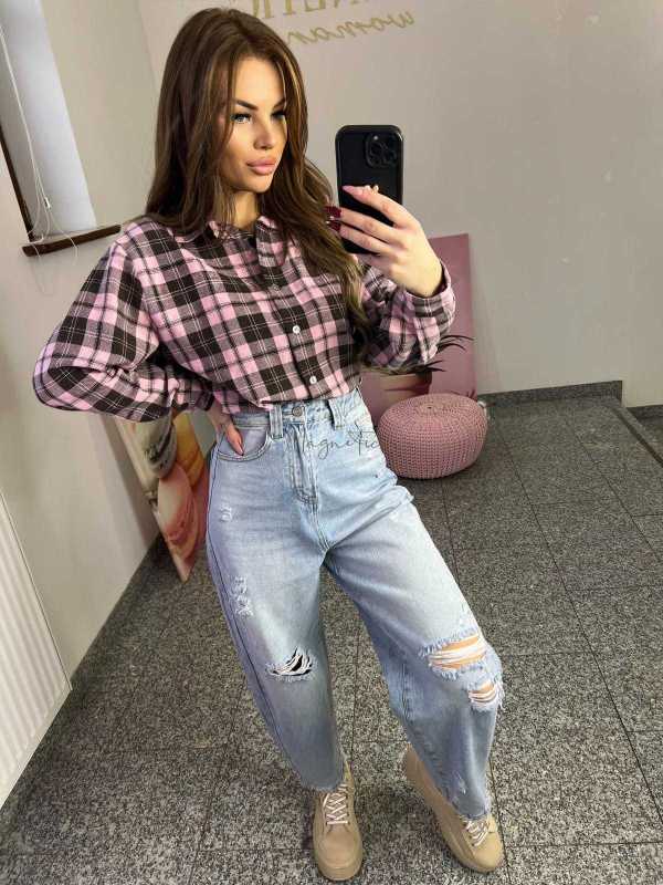 NB217 Koszula Damska Bawełna Flanelowa w Kratę Różowo-Brązowa