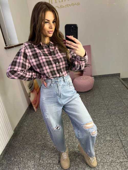 NB217 Koszula Damska Bawełna Flanelowa w Kratę Różowo-Brązowa