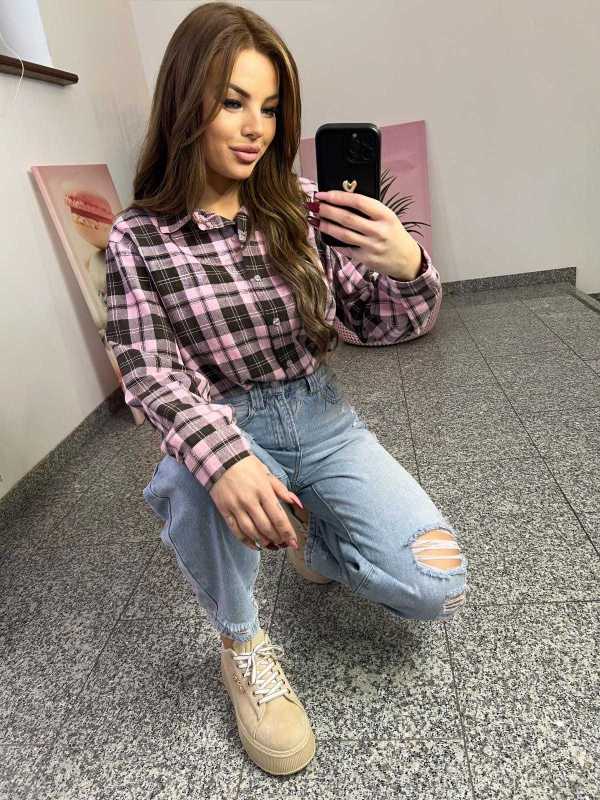 NB217 Koszula Damska Bawełna Flanelowa w Kratę Różowo-Brązowa